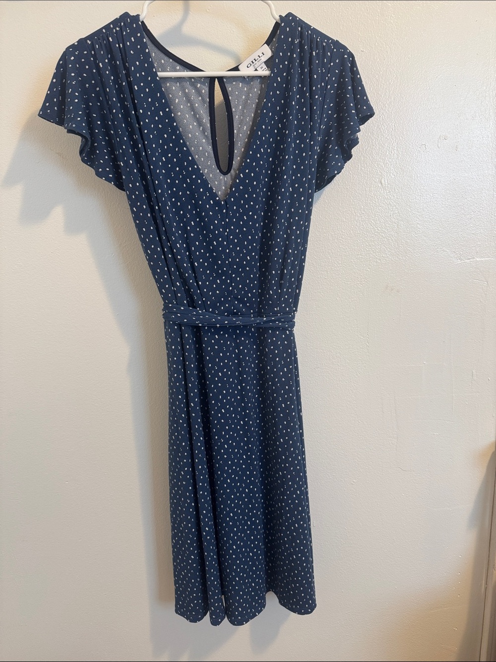 Gilli Navy and White Polka Dot Midi Wrap Dress